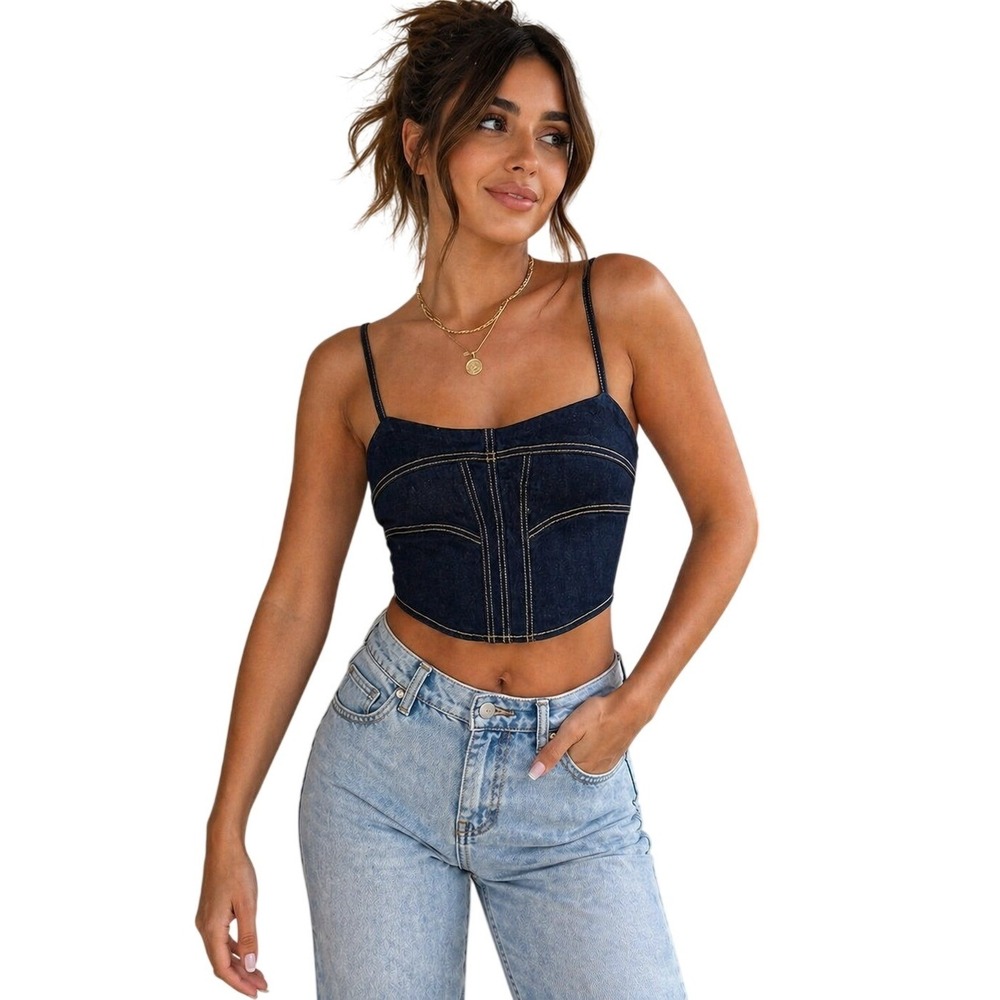 Sincerely Jules Denim Corset Crop Top L Blue Bustier Cami Concert Cowgirl  Boho